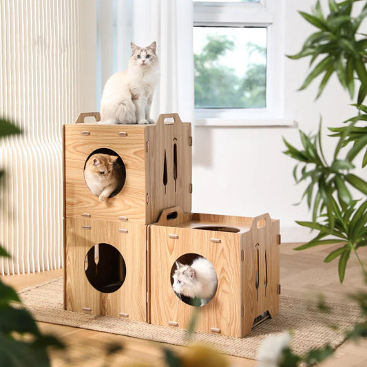 DIY Wooden Cat Rest Nest Non-Crumbs Vertical Scratching Board Castle Like Cat House Cat Toys Pet Products