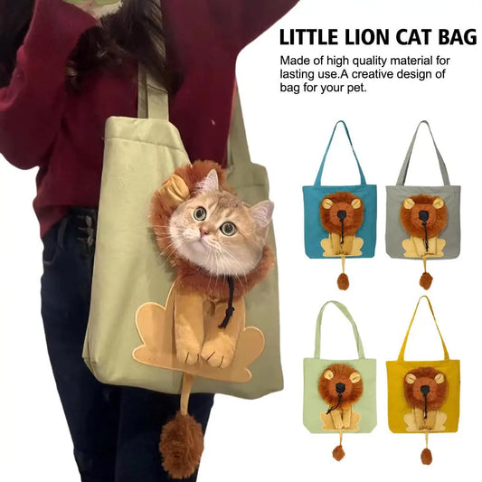 Shoulder bag with exposed head in the shape of a little Pet pet Home bag lion Cat tote bag Products bag outing canvas Puppy D3Q1