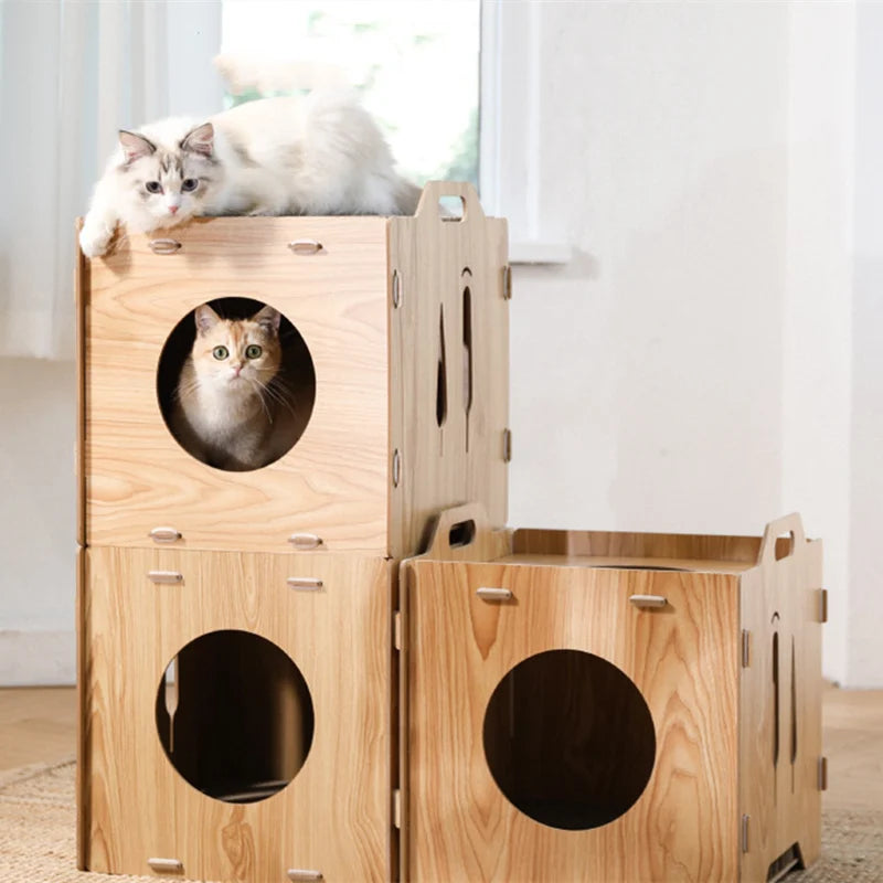 DIY Wooden Cat Rest Nest Non-Crumbs Vertical Scratching Board Castle Like Cat House Cat Toys Pet Products