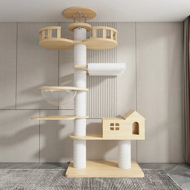 Cat Tower Tree Nest Apartment Game Climbing Grab Platform Solid Wood Through Sky Pillar Pet Toy Shelf Cat Cushion Sofa Products