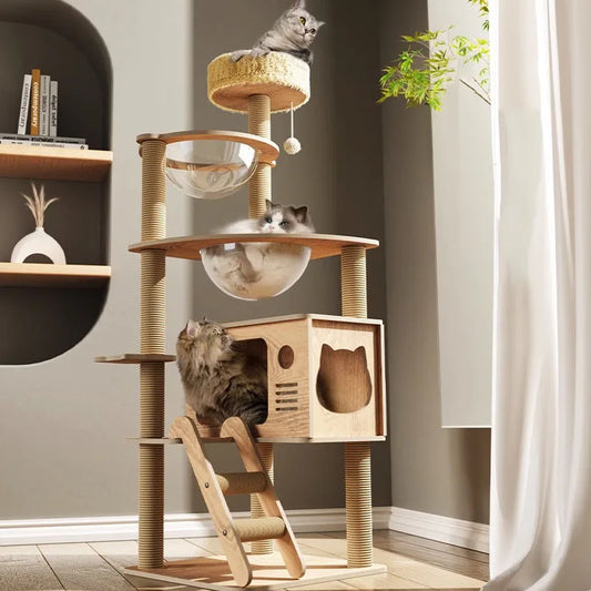 Solid Wood Cat Tower Tree Nest Spacecraft Game Climbing Kitty Scratching Platform House Toy Scratching Post Pet Products for Cat