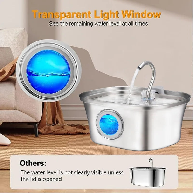 Cat Water Fountain with Water Level Window 3.2L Stainless Steel Boat Shape Dog Fountain Pet Water Dispenser Cat Products
