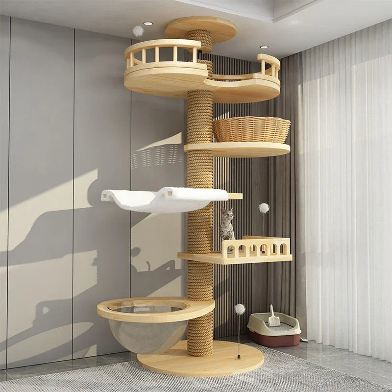 Cat Tower Tree Nest Apartment Game Climbing Grab Platform Solid Wood Through Sky Pillar Pet Toy Shelf Cat Cushion Sofa Products